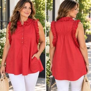 BCBGMaxAzria Ruffle Neck Tunic Top Large Azalea Red Sleeveless Blouse Pockets
